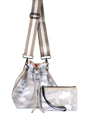HAUTE SHORE Beige & White Camo Drawstring Bucket Crossbody with Wristlet